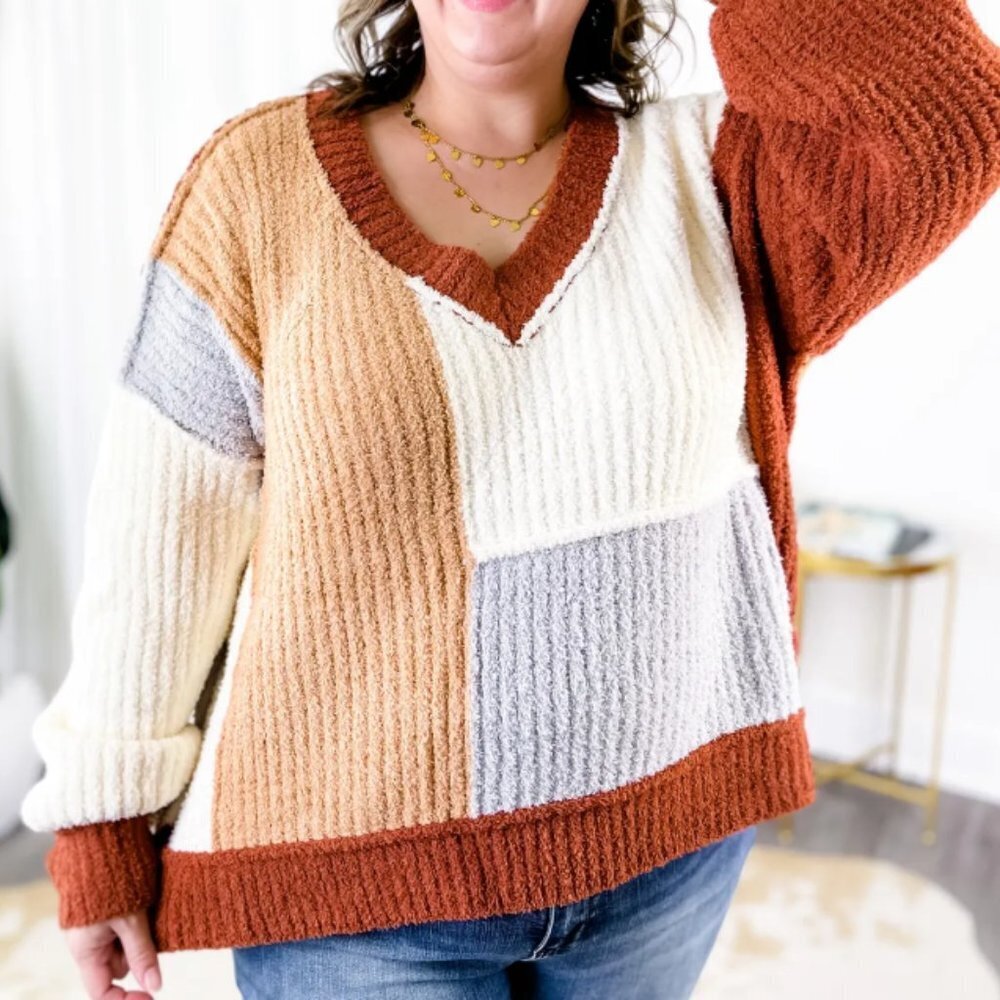 Pol Women's Color Block V-Neck Long Sleeve Sweater - S